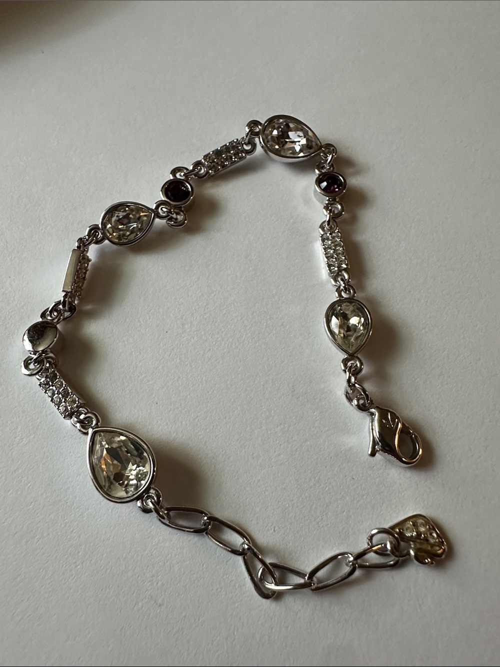 Teardrop Bracelet Swarovski Silver Tone Clear and Amethyst Crystals